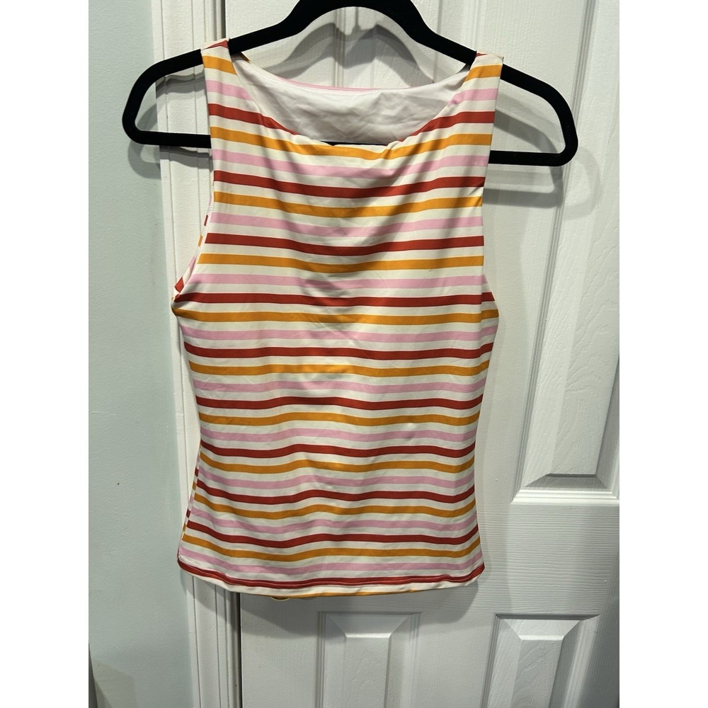Lime Ricki orange and pink striped boat neck swim top size Medium NWT
